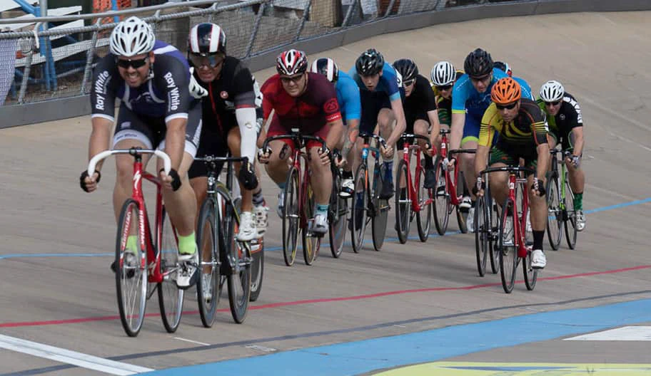 Track cyclists racing at Kenrick Tucker Velodrome, Rockhampton.